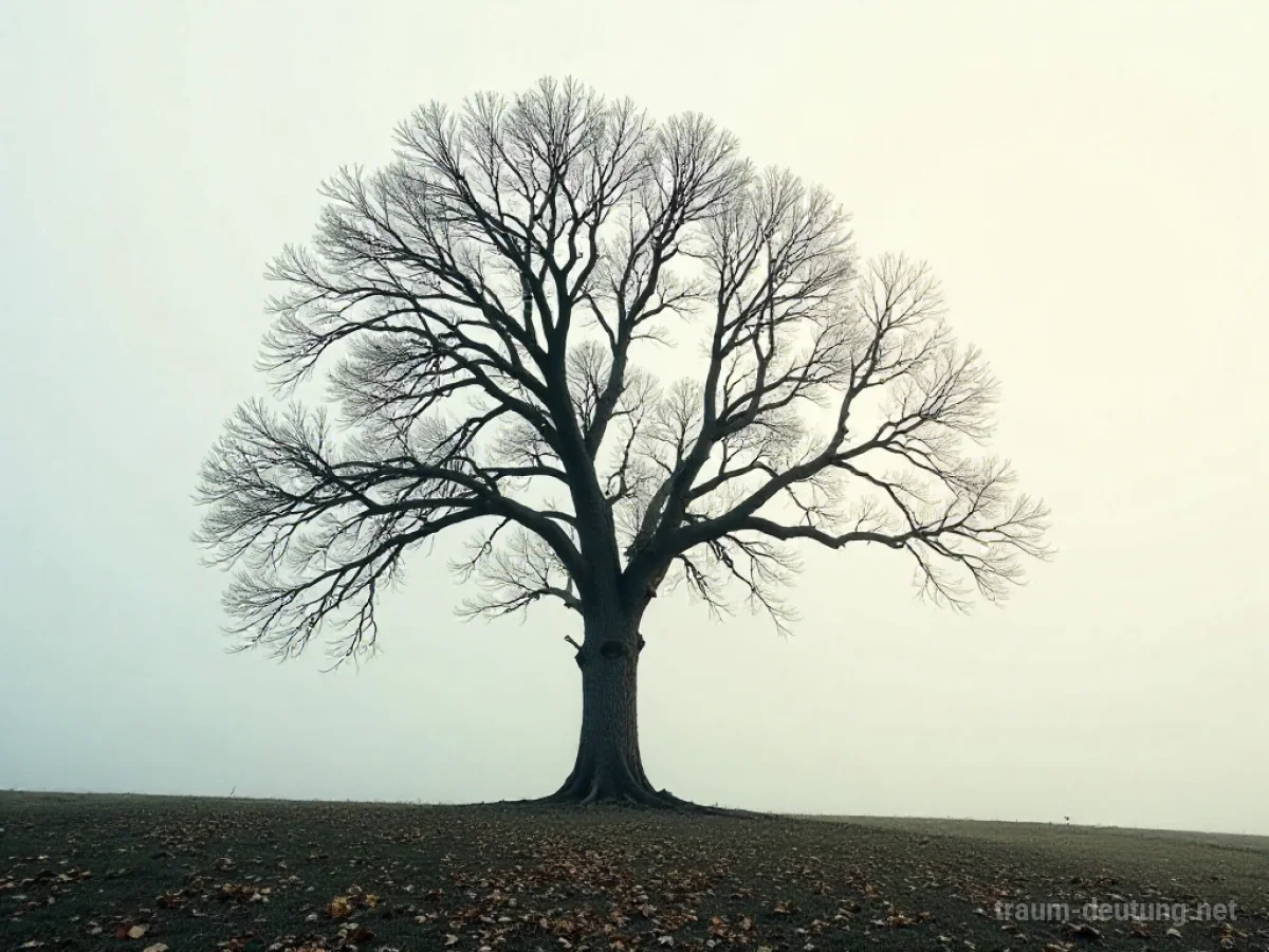 Traumsymbol November: Ein kahler Eichenbaum steht gegen einen blassen Novemberhimmel, umgeben von feuchten Laubblättern auf dem Boden, bei diffusem Licht.