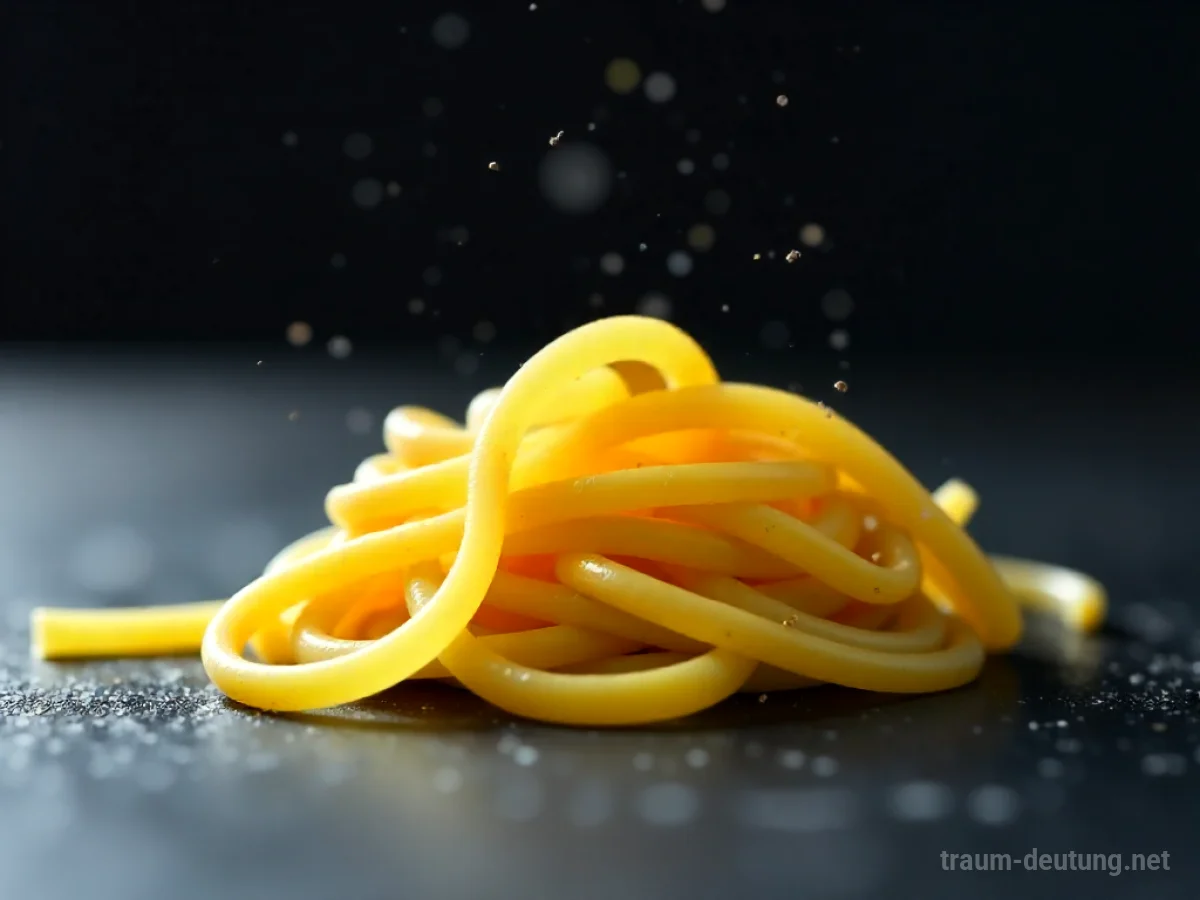 Traumsymbol Nudel: Eine einzelne, goldene Spaghetti-Nudel liegt auf einer dunklen, texturierten Oberfläche, beleuchtet von weichem Seitenlicht.