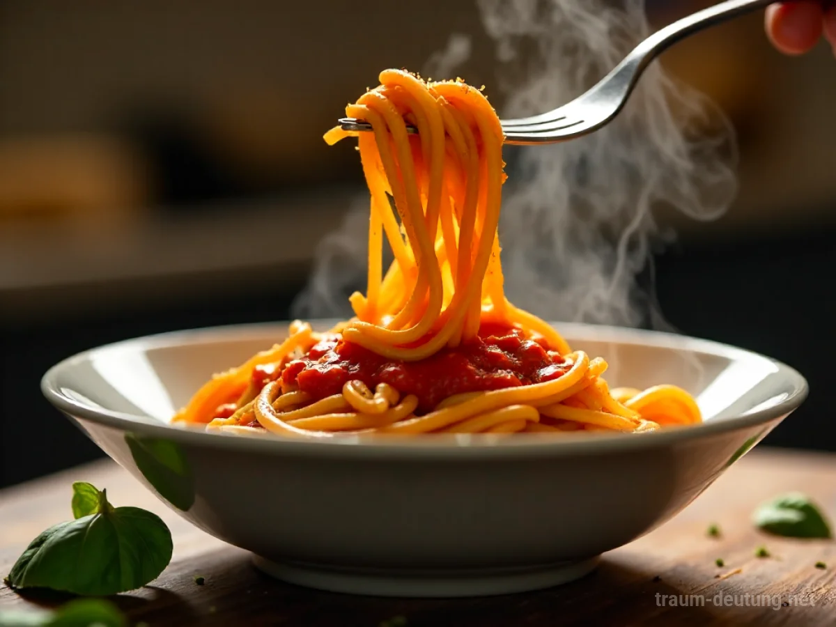 Traumsymbol Nudeln: Eine dampfende Schüssel Spaghetti mit Tomatensauce wird mit einer Gabel angehoben, im Hintergrund eine warme, unscharfe Küchenumgebung.