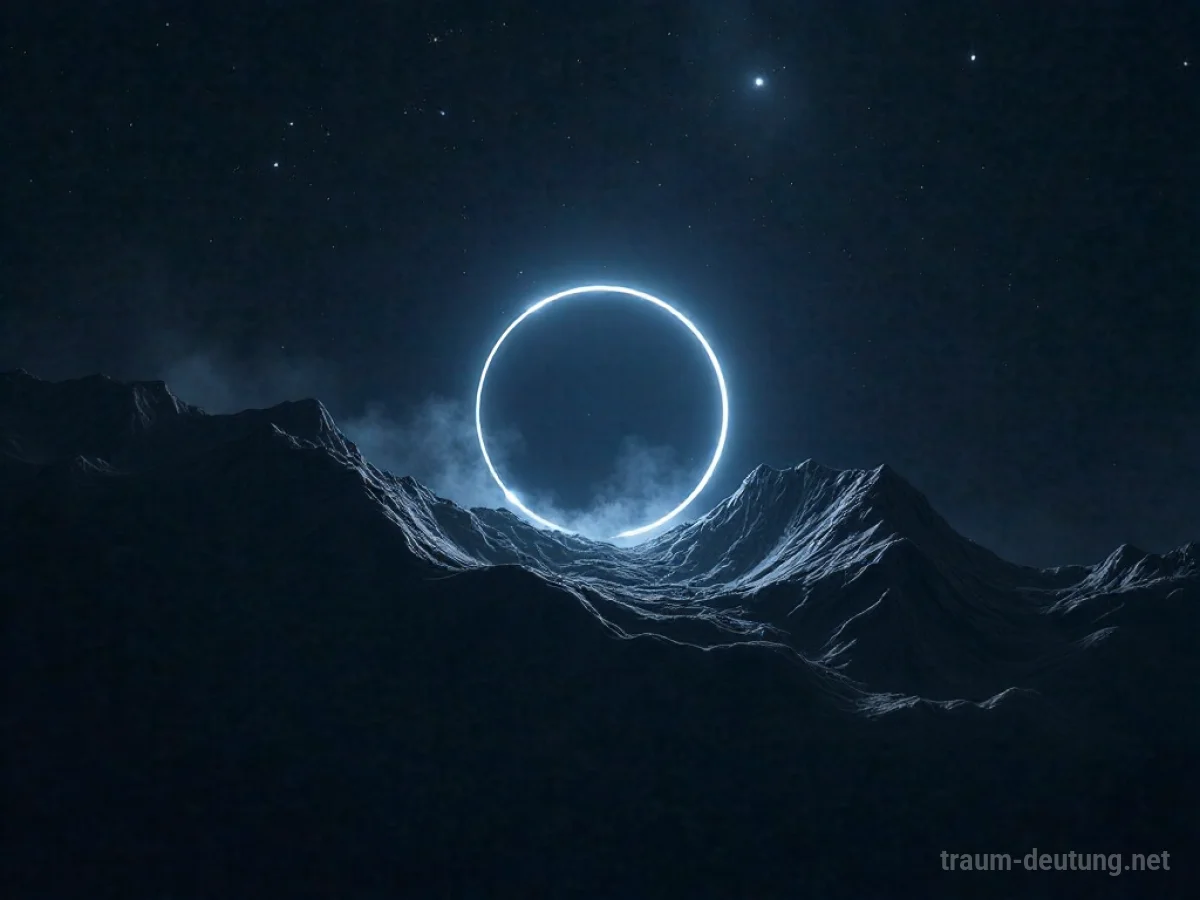 Traumsymbol Null: Eine leuchtende, kreisförmige Leere schwebt in einer unendlichen, dunklen kosmischen Weite, umgeben von feinstem Sternenstaub.