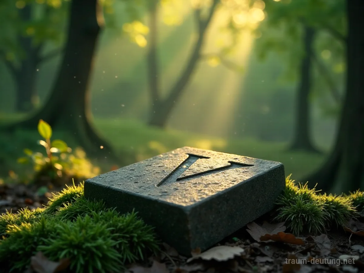 Traumsymbol Nummer: Eine verwitterte Steintafel mit der römischen Zahl 'V' liegt auf moosbewachsenem Waldboden im sanften Sonnenlicht.