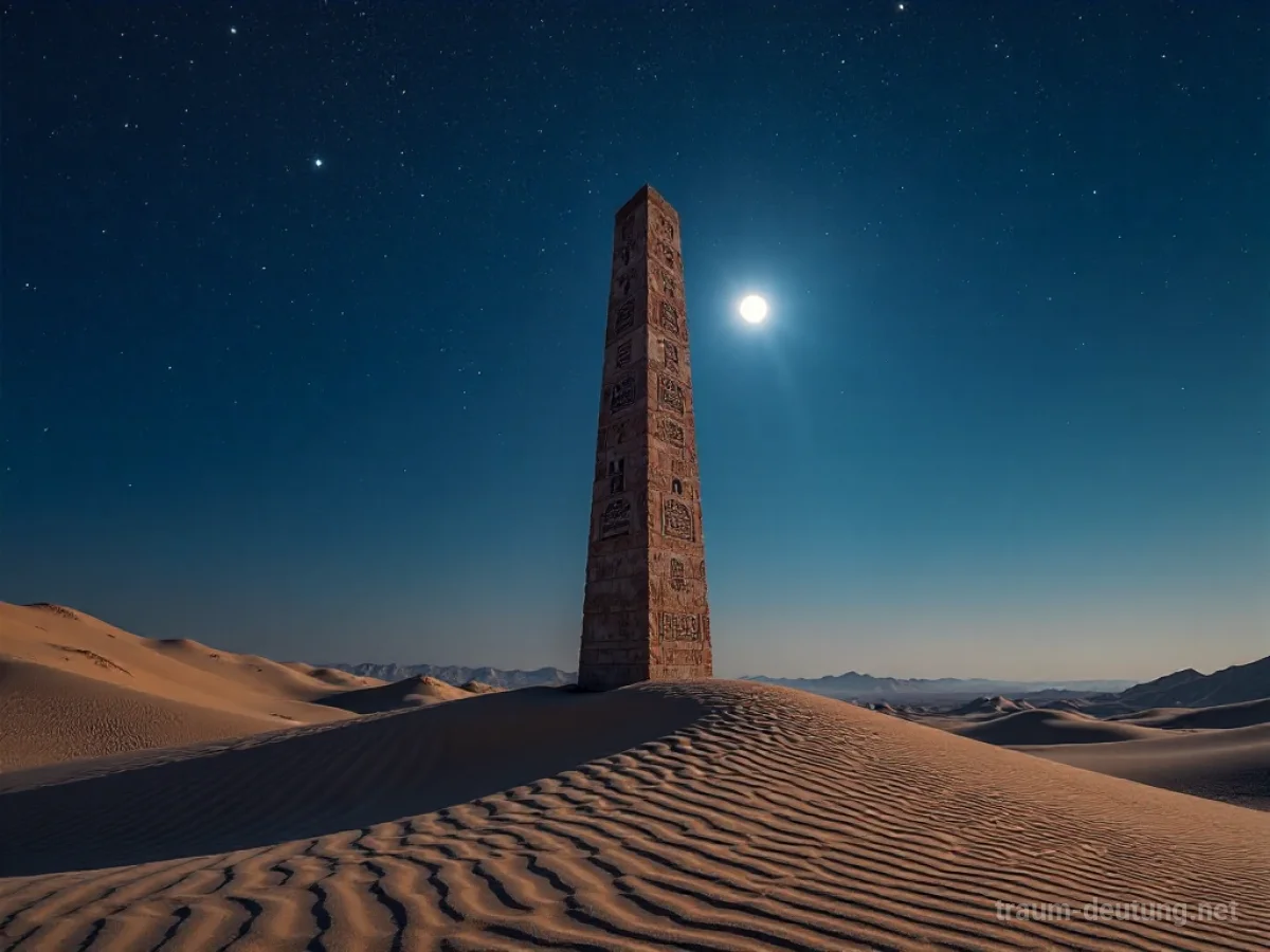 Traumsymbol Obelisk: Ein hoher, antiker ägyptischer Obelisk steht in einer weiten Wüstenlandschaft unter einem sternenklaren Nachthimmel, beleuchtet vom Mondlicht.