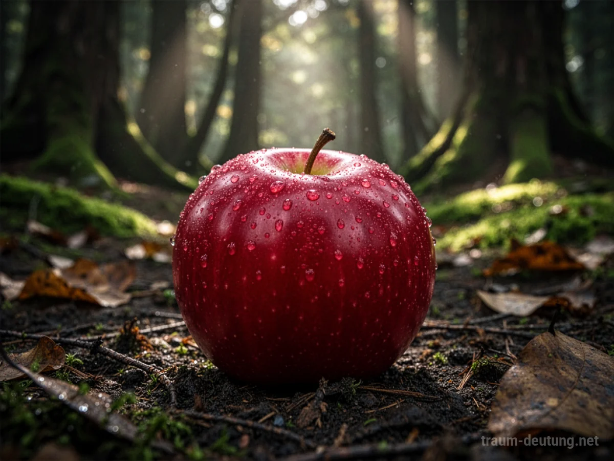 Traumsymbol Obst: Ein einzelner, reifer roter Apfel liegt auf feuchtem Waldboden, beleuchtet von gefiltertem Sonnenlicht.