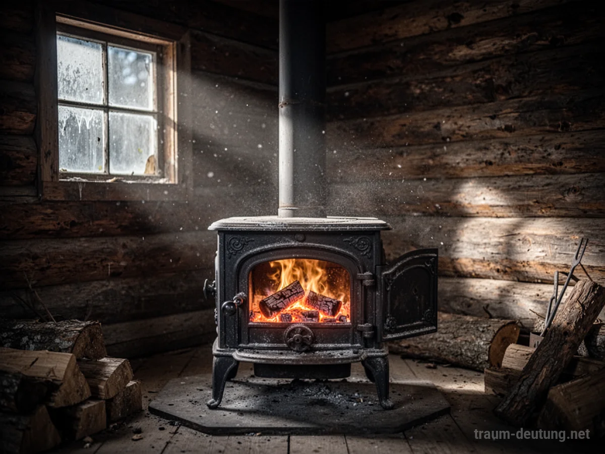 Traumsymbol Ofen: Ein alter gusseiserner Holzofen mit glühenden Kohlen im Inneren steht in einer rustikalen, schwach beleuchteten Holzhütte, beleuchtet von Mondlicht und dem Schein des Feuers.
