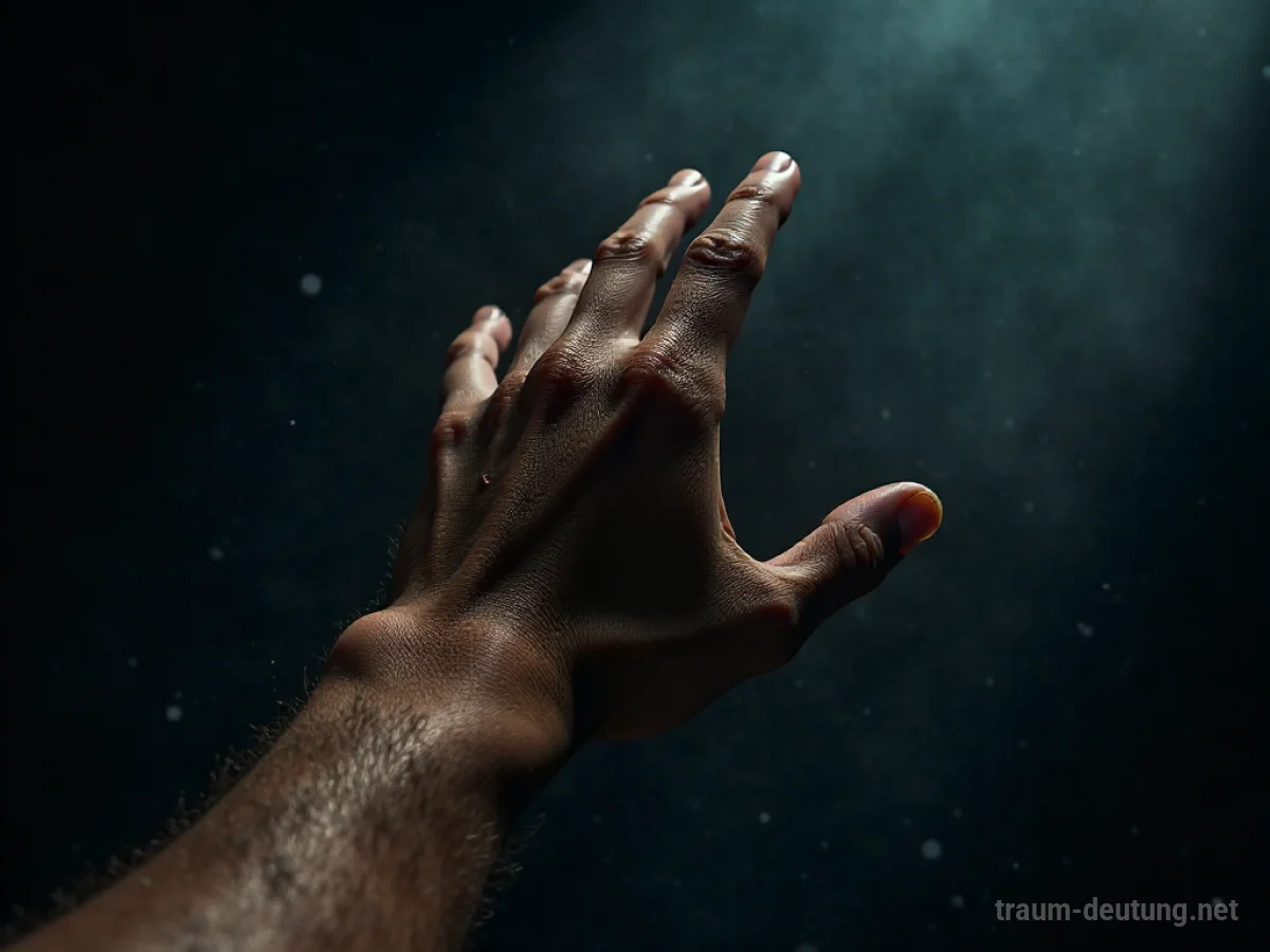 Traumsymbol Ohrfeige: Eine menschliche Hand ist in der Bewegung eingefangen, kurz davor, eine kräftige Ohrfeige zu geben, Finger gespreizt, im dunklen Nichts beleuchtet.