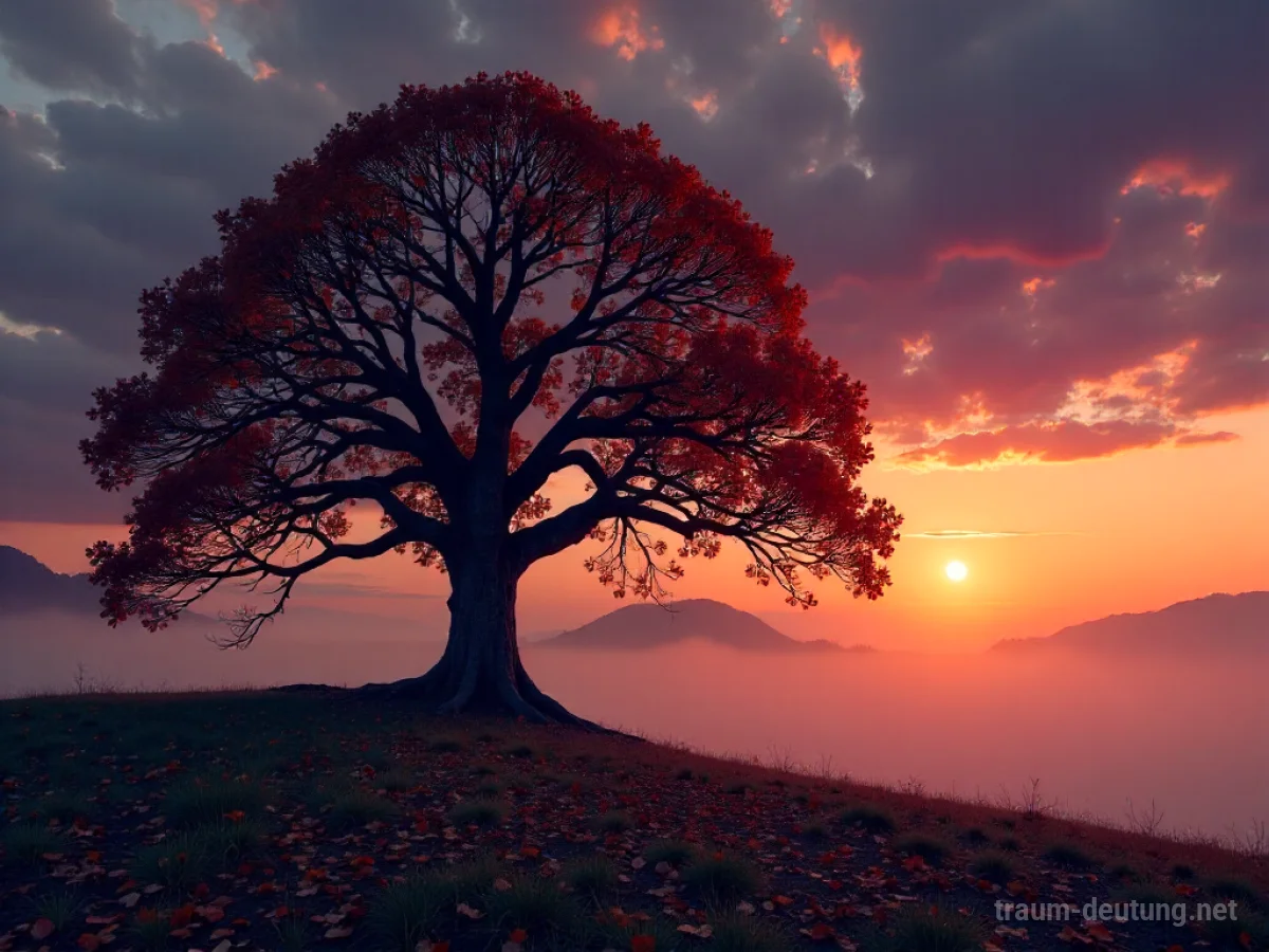 Traumsymbol Oktober: Ein alter Eichenbaum steht im Zwielicht auf einem von bunten Blättern bedeckten Boden, mit einem Halbmond am Himmel.