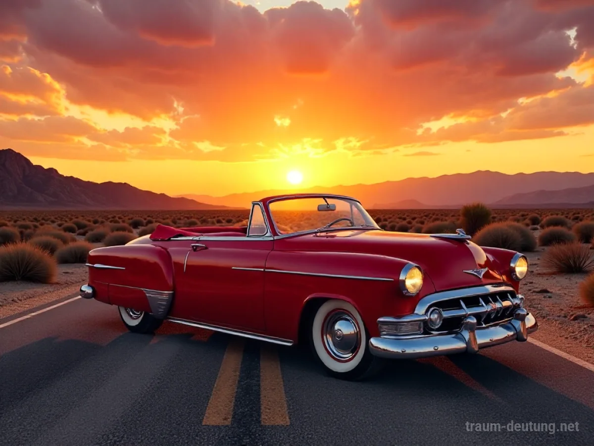 Traumsymbol Oldtimer: Ein glänzender, roter Oldtimer steht auf einer staubigen Wüstenautobahn bei Sonnenuntergang mit Bergsilhouette im Hintergrund.