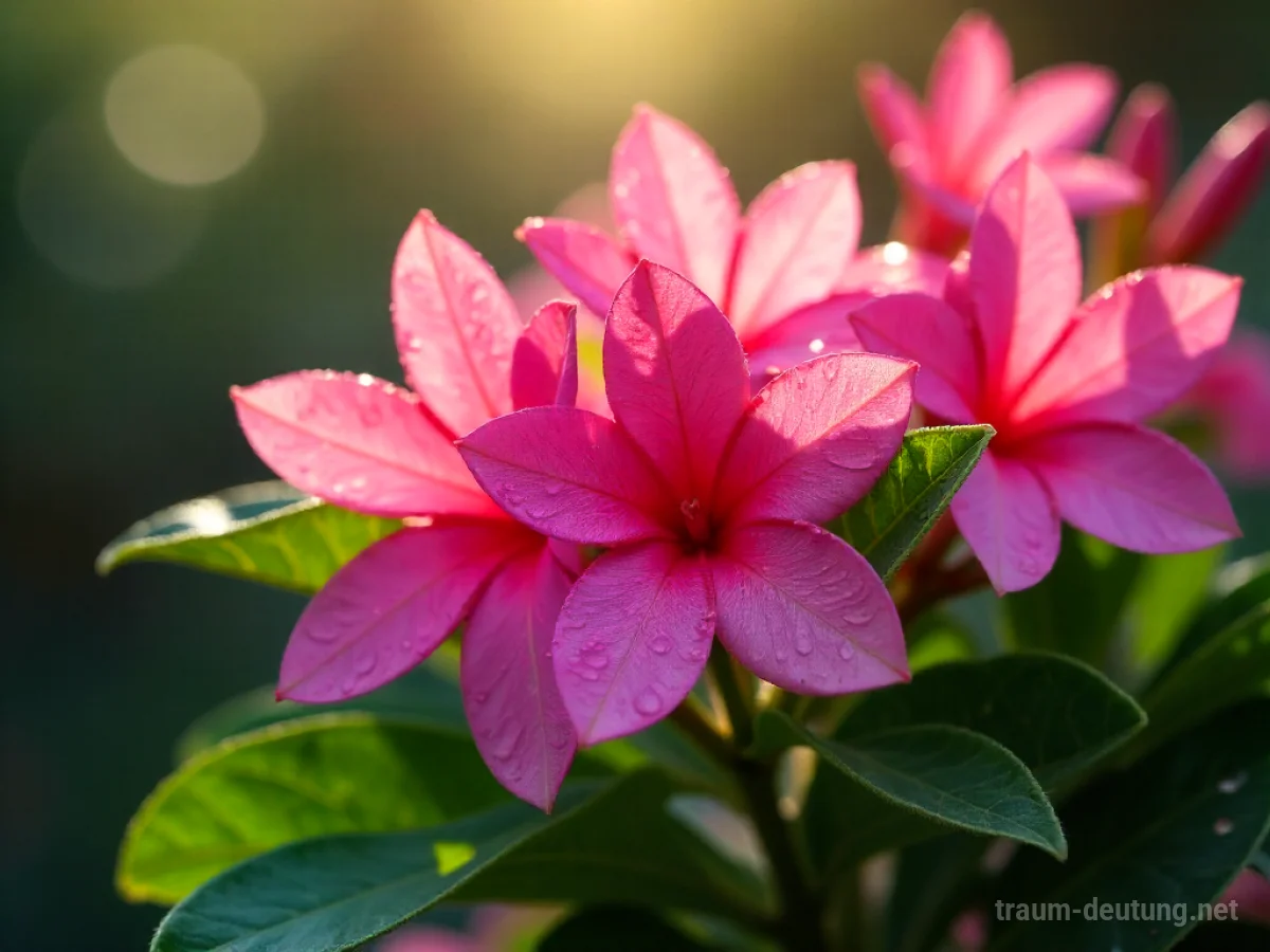 Traumsymbol Oleander: Üppige rosa Oleanderblüten mit Tautropfen vor einem verschwommenen grünen Blätterhintergrund, beleuchtet von sanftem Sonnenlicht.
