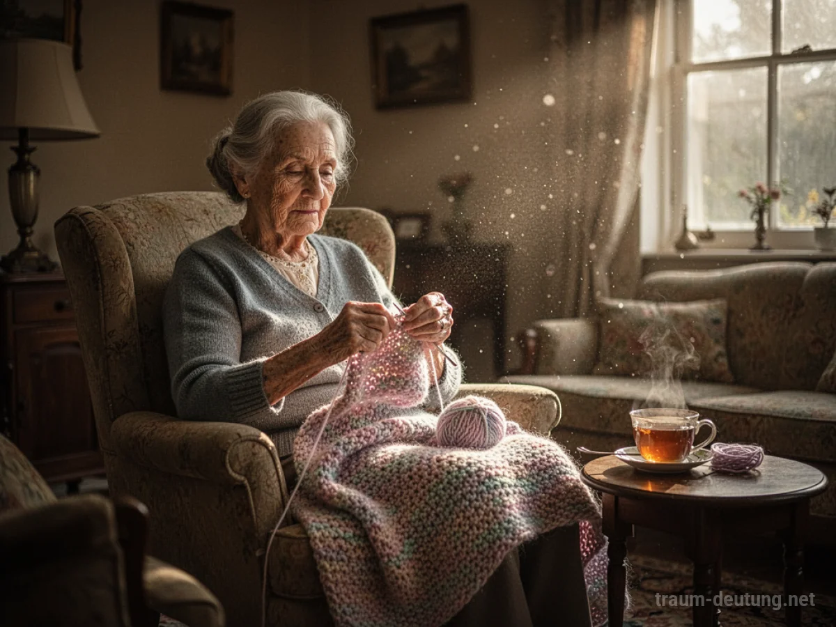 Traumdeutung Oma: Eine ältere Frau mit gütigem Blick sitzt in einem gemütlichen Sessel und strickt in einem warm beleuchteten Wohnzimmer.