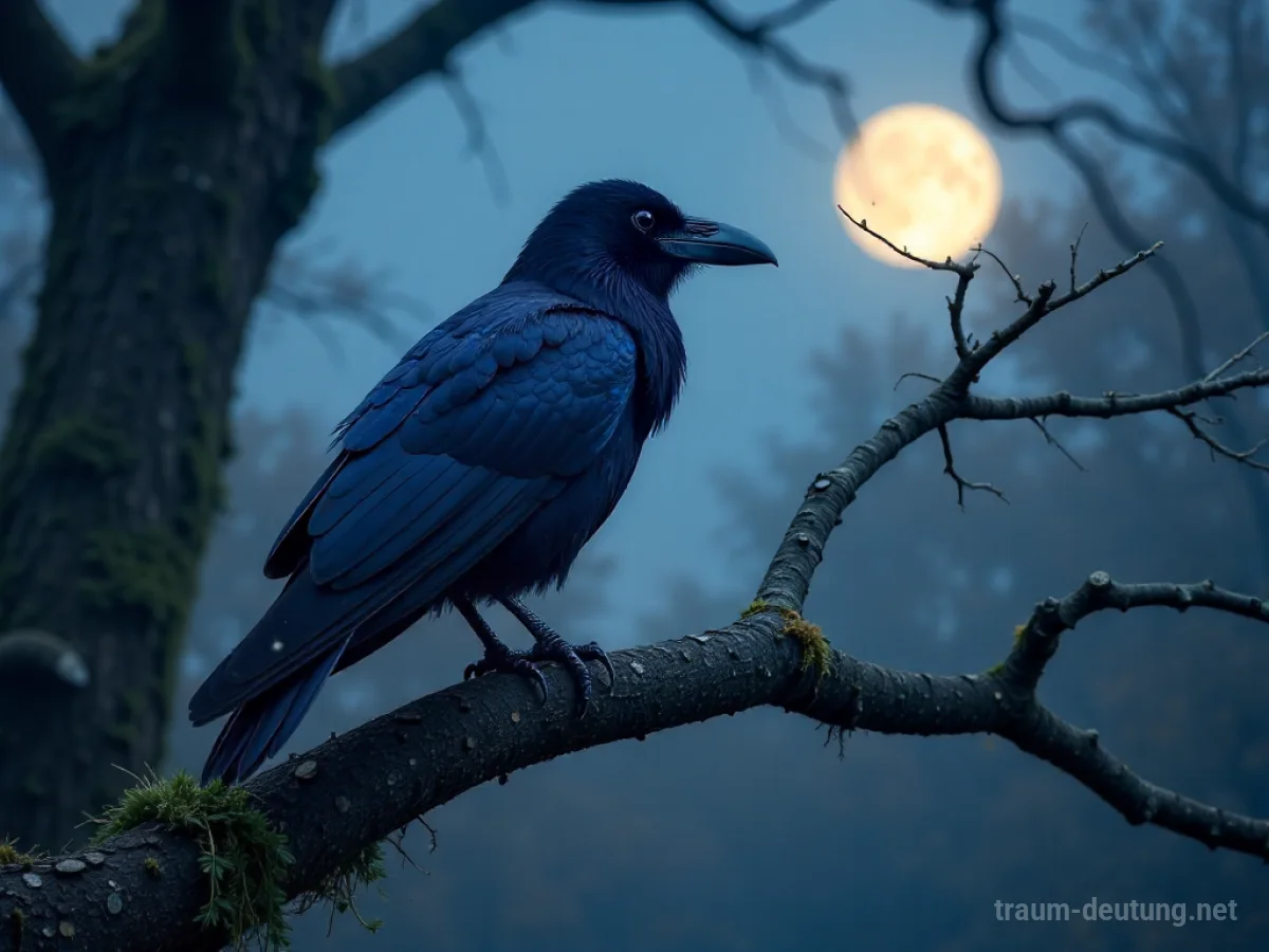Traumsymbol Omen: Ein alter, schwarzer Rabe mit schimmerndem Gefieder sitzt auf einem bemoosten Ast unter dramatischem Mondlicht im Nebel.