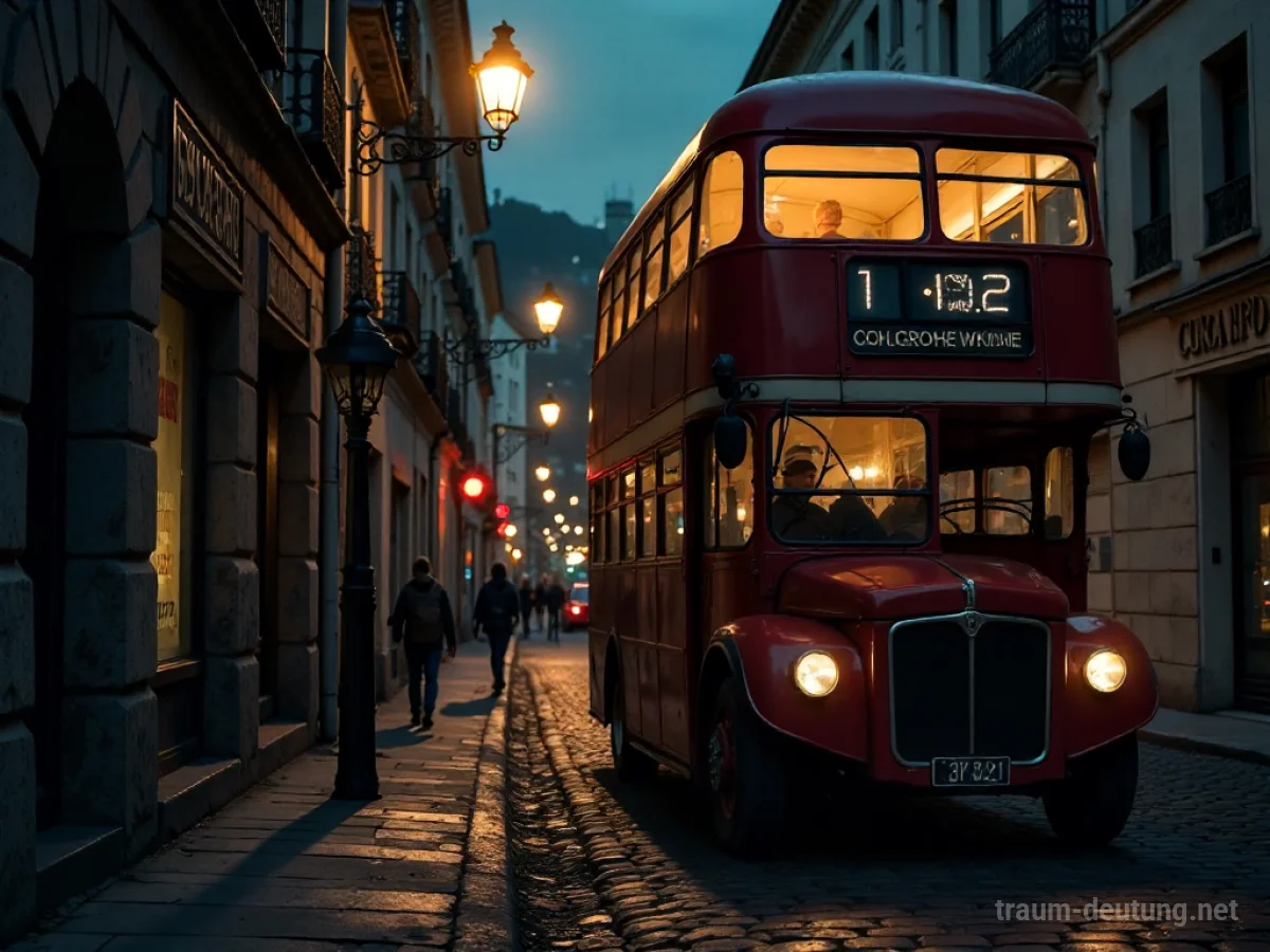 Traumsymbol Omnibus: Ein alter roter Doppeldeckerbus steht auf einer dunklen, kopfsteingepflasterten Straße im Mondlicht, umgeben von einer melancholischen Atmosphäre.