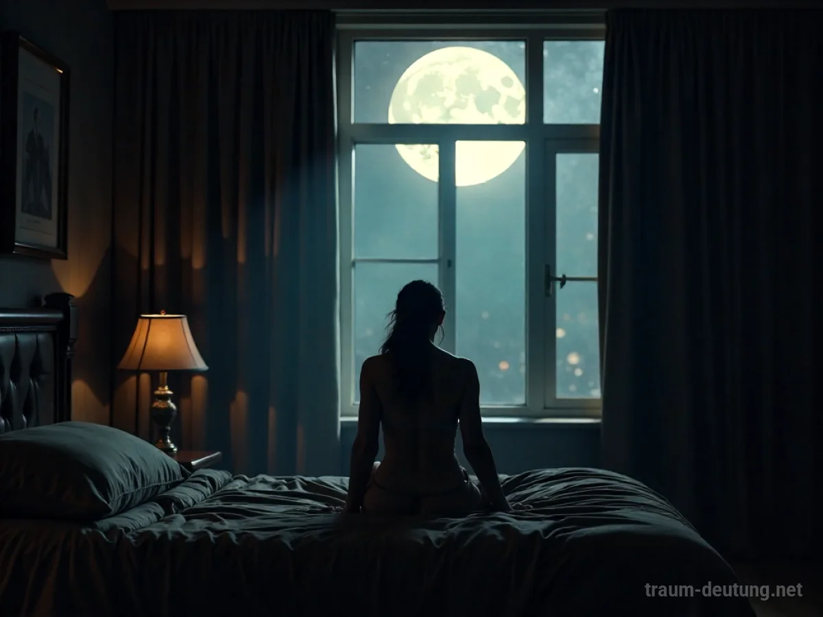 Traumsymbol Onanie: Eine einsame Figur in einem schwach beleuchteten, opulenten Schlafzimmer bei Mondschein, die eine introspektive Handlung ausführt.