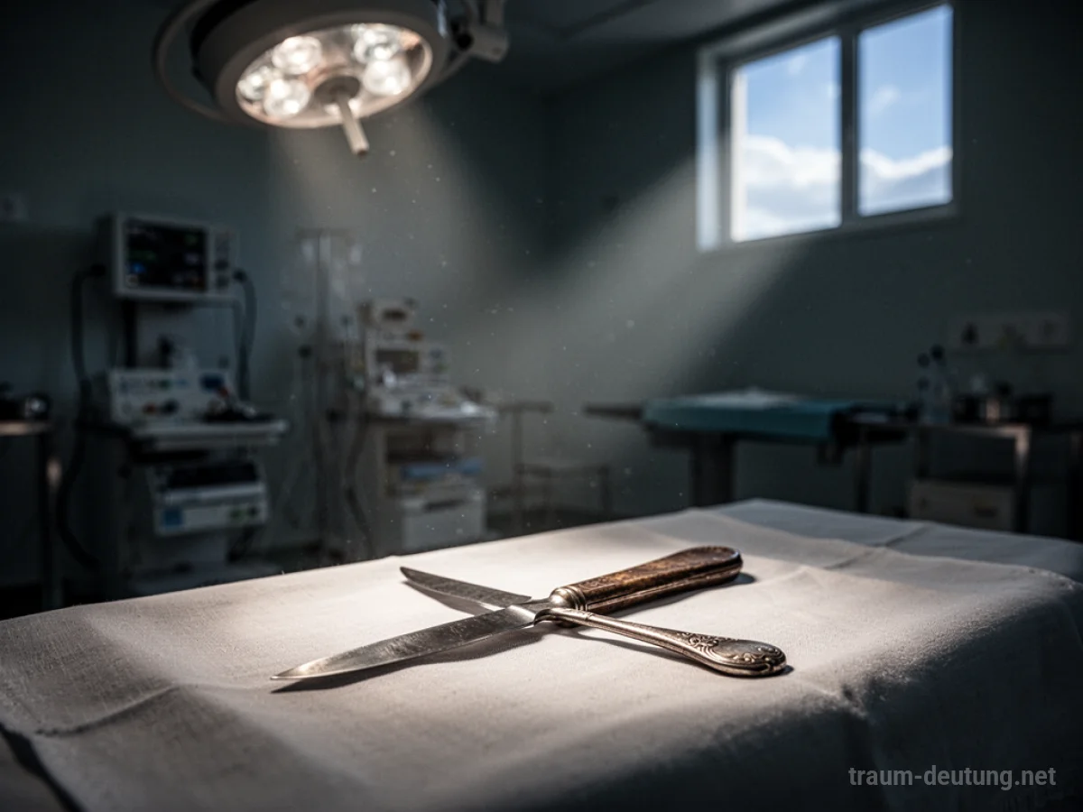 Traumdeutung Operation: Ein antiker chirurgischer Skalpell liegt auf einem weißen Tuch in einem spärlich beleuchteten Operationssaal, beleuchtet von einem Mondstrahl.