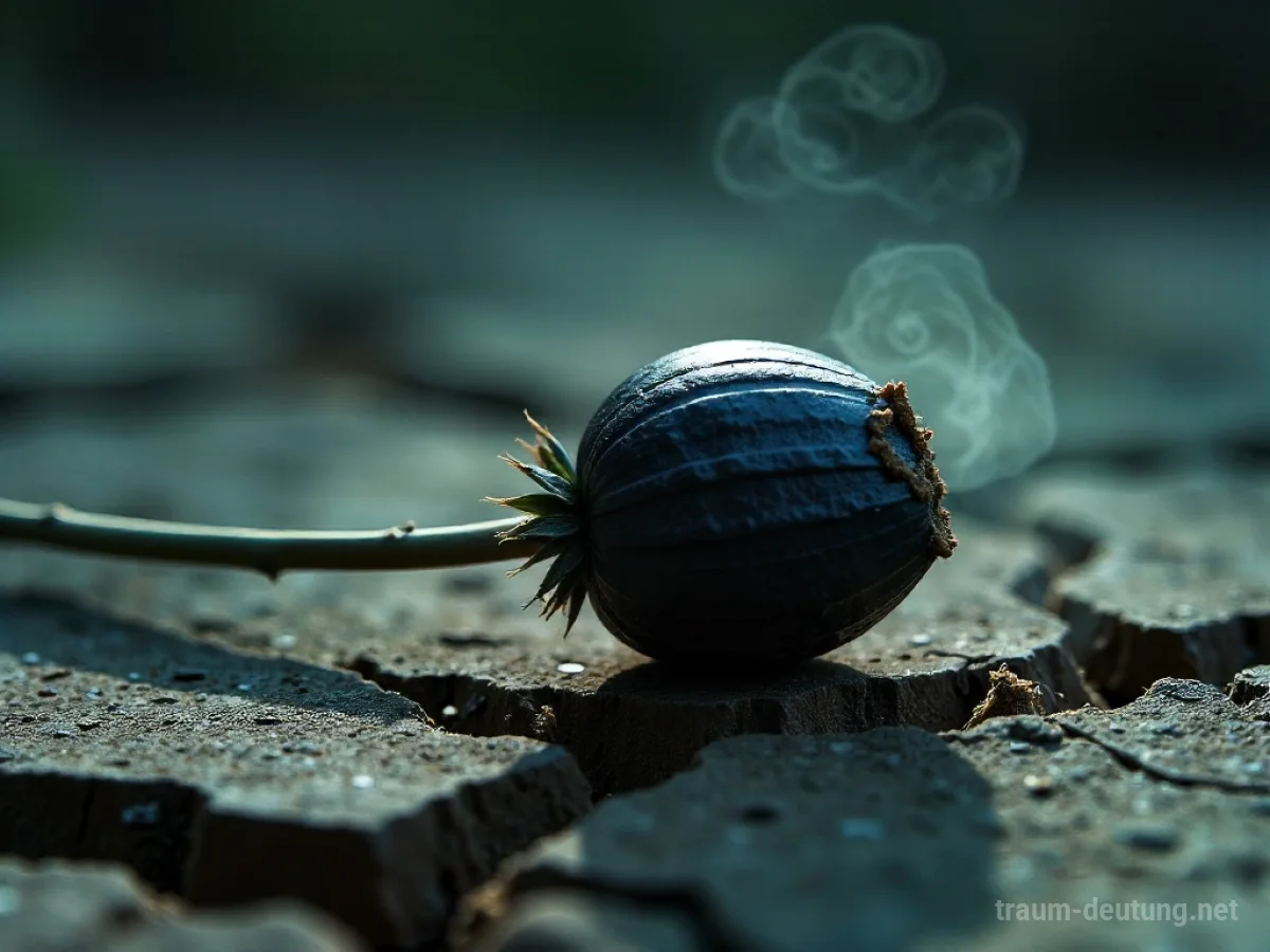 Traumsymbol Opium: Ein dunkler, glänzender Opiummohnkapsel liegt auf rissiger, trockener Erde im Mondlicht.
