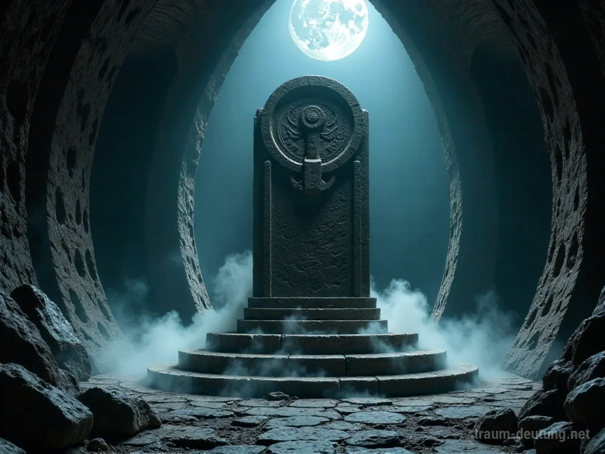 Traumsymbol Orakel: Ein majestätisches, antikes Steinorakel in einer schwach beleuchteten Höhle, umgeben von Nebel und Mondlicht.