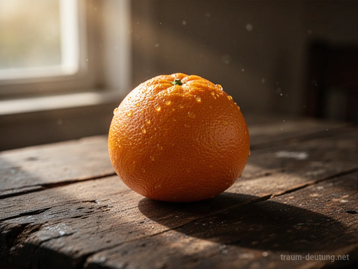 Traumsymbol Orange: Eine einzelne, reife Orange liegt auf einem dunklen Holztisch, beleuchtet von warmem Sonnenlicht.