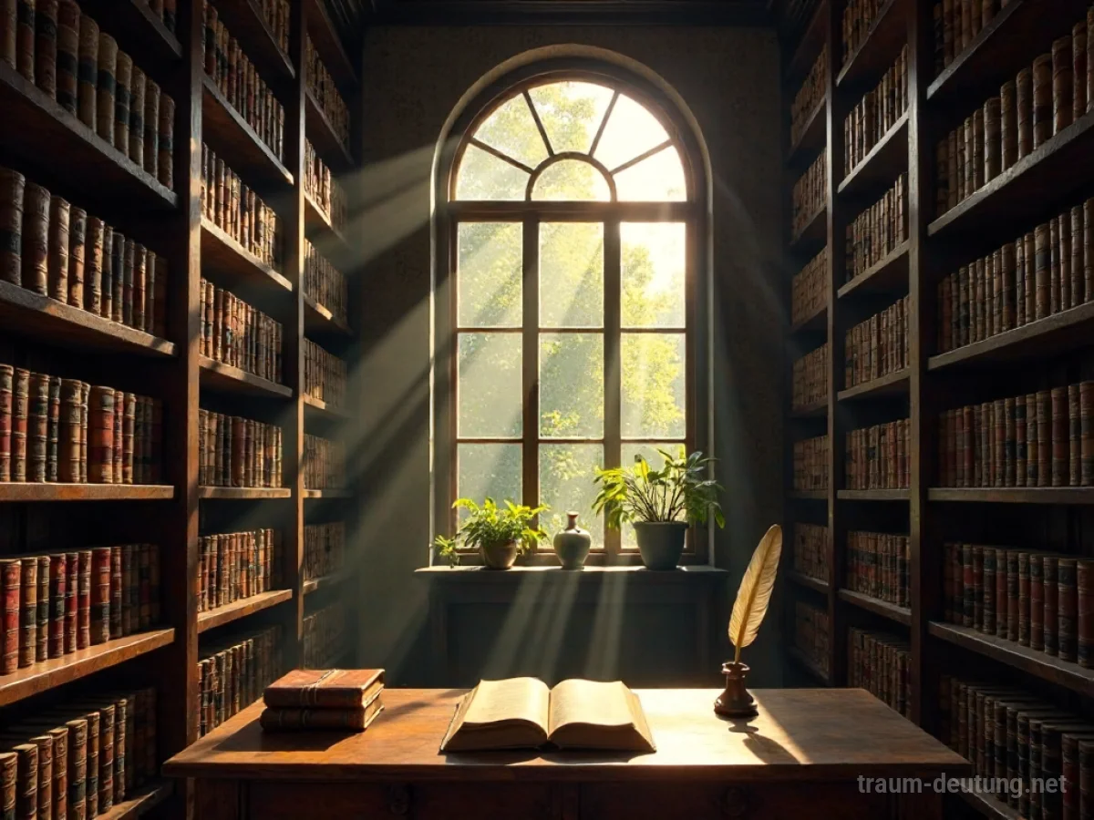 Traumsymbol Ordnung: Eine sonnendurchflutete, alte Bibliothek mit akkurat aufgestellten Büchern und einem antiken Schreibtisch, die ein Gefühl von Ruhe und Struktur vermittelt.