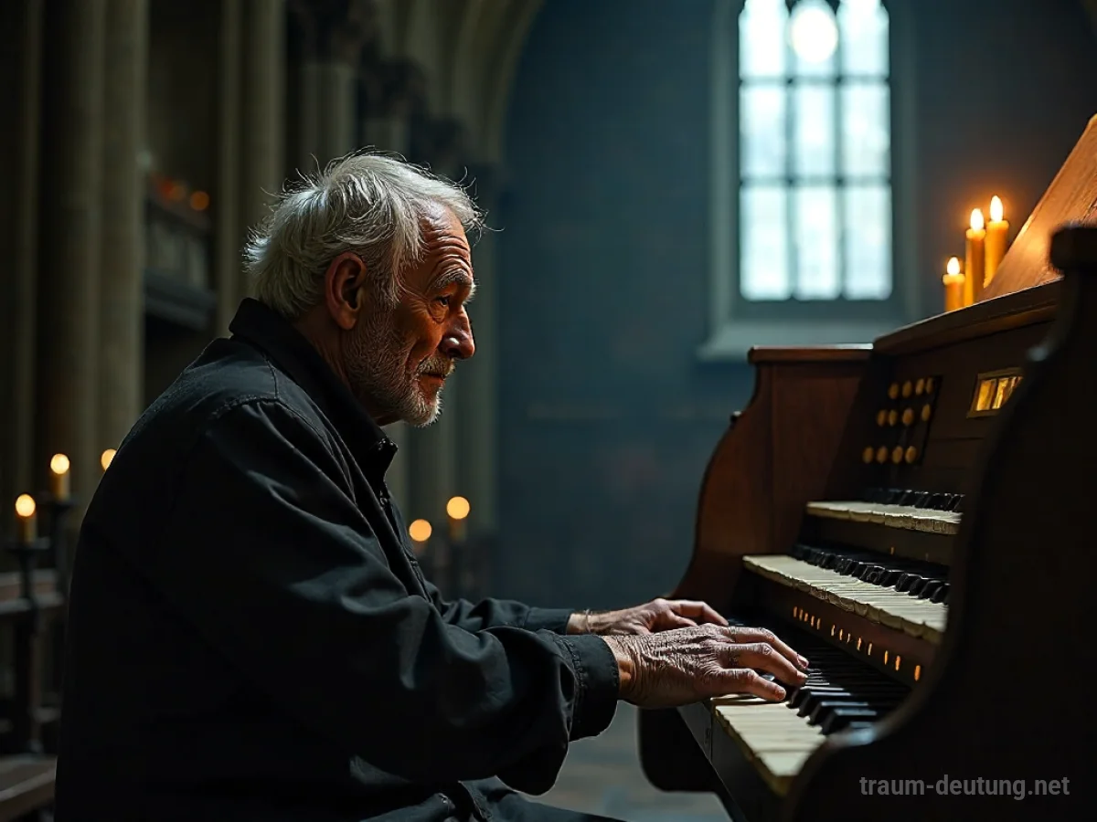 Traumsymbol Organist: Ein älterer Organist sitzt an einer großen Kirchenorgel in einer schwach beleuchteten Kathedrale, während Mondlicht auf die Tasten fällt.