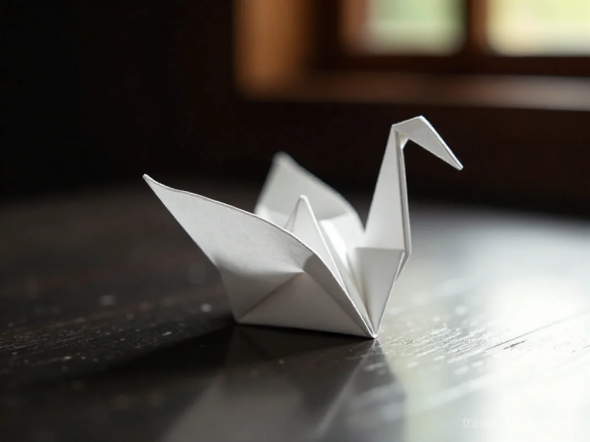 Traumsymbol Origami: Ein detailreich gefalteter weißer Papierkranich ruht auf dunklem Holz im sanften Licht.