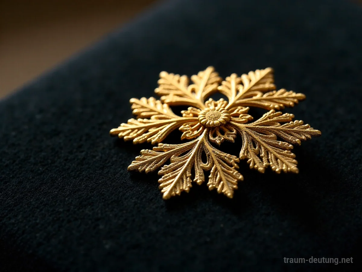 Traumsymbol Ornament: Ein filigranes goldenes Ornament ruht auf dunklem Samt, beleuchtet von warmem Licht.