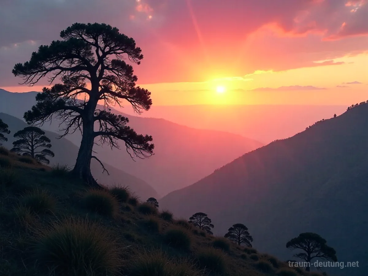 Traumsymbol Osten: Sonnenaufgang über einer nebelverhangenen Landschaft mit goldenem Licht und silhouettierten Bäumen.