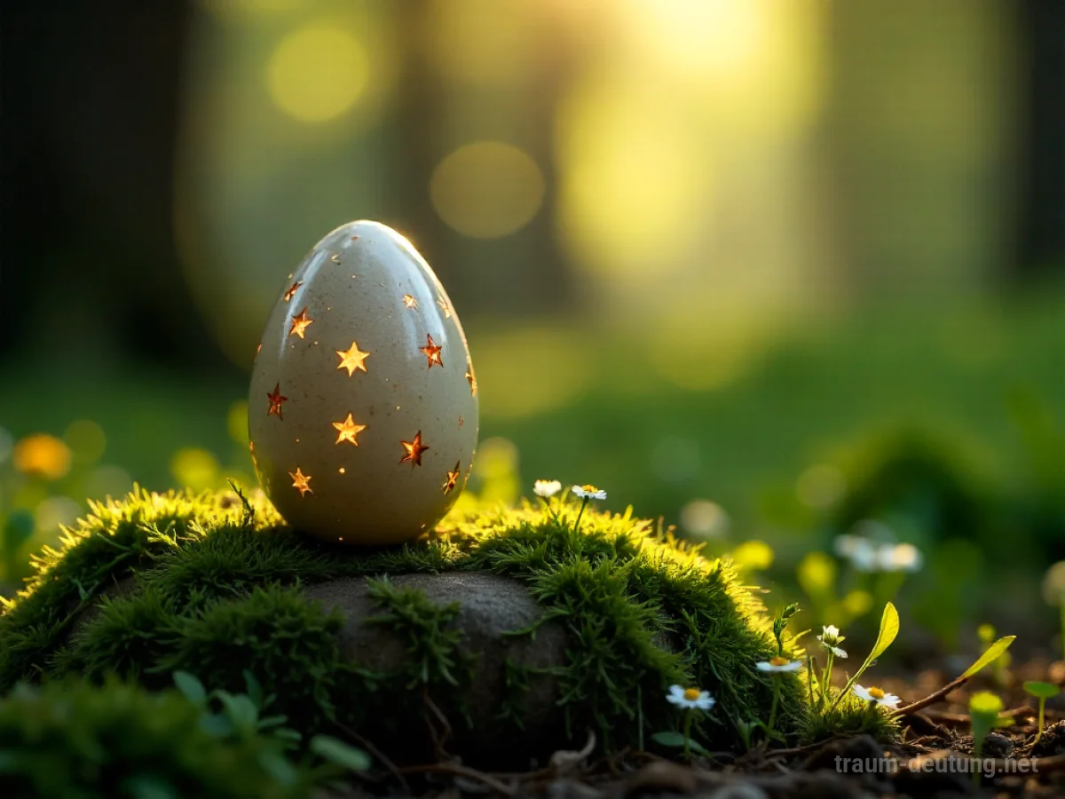 Traumsymbol Osterei: Ein kunstvoll verziertes Osterei liegt auf einem moosbewachsenen Stein in einem sonnenbeschienenen Wald, umgeben von glitzernden Tautropfen und zarten Wildblumen.