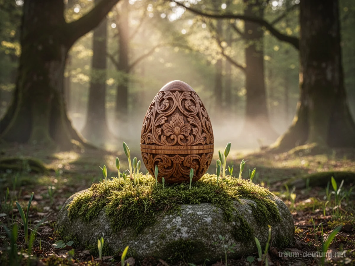 Traumsymbol Ostern: Ein kunstvoll geschnitztes Holzei liegt auf moosbewachsenem Stein im sonnenbeschienenen Wald.