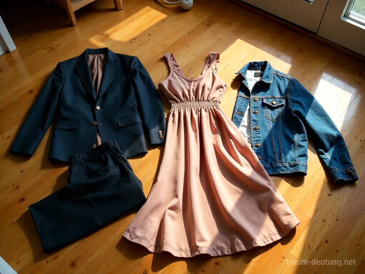 Traumdeutung Outfit: Eine sorgfältig arrangierte Sammlung von Kleidung, darunter ein Anzug, ein Kleid und eine Jacke, liegt auf einem Holzboden im sanften Tageslicht.