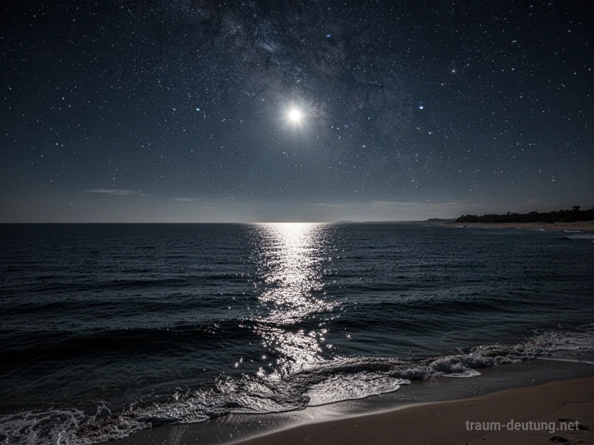 Traumsymbol Ozean: Ein weitläufiger, tiefer Ozean unter einem klaren Sternenhimmel, dessen Oberfläche von Mondlicht beleuchtet wird und eine mysteriöse Atmosphäre schafft.