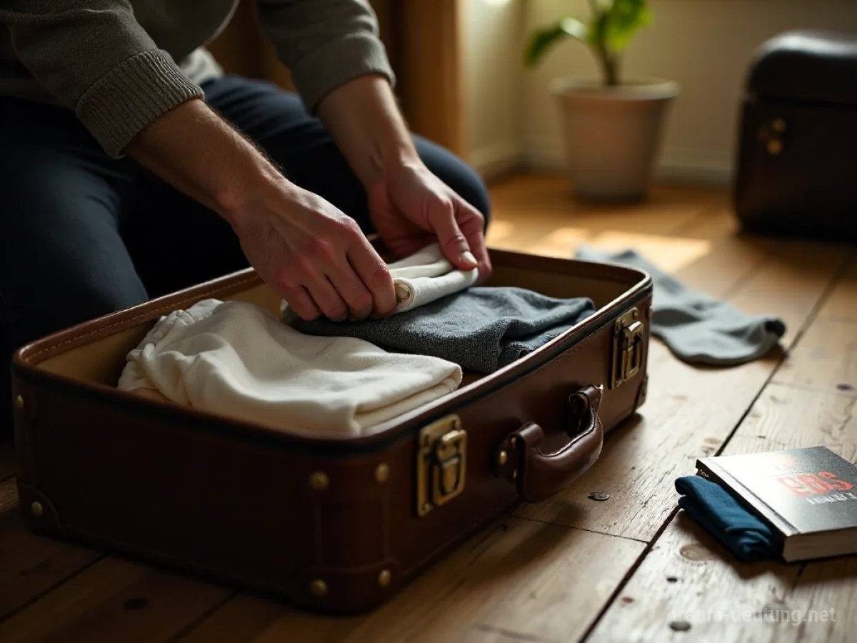 Traumdeutung Packen: Hände falten sorgfältig Kleidung und legen sie in einen offenen Lederkoffer, umgeben von Reiseutensilien auf einem Holzboden im warmen Licht.