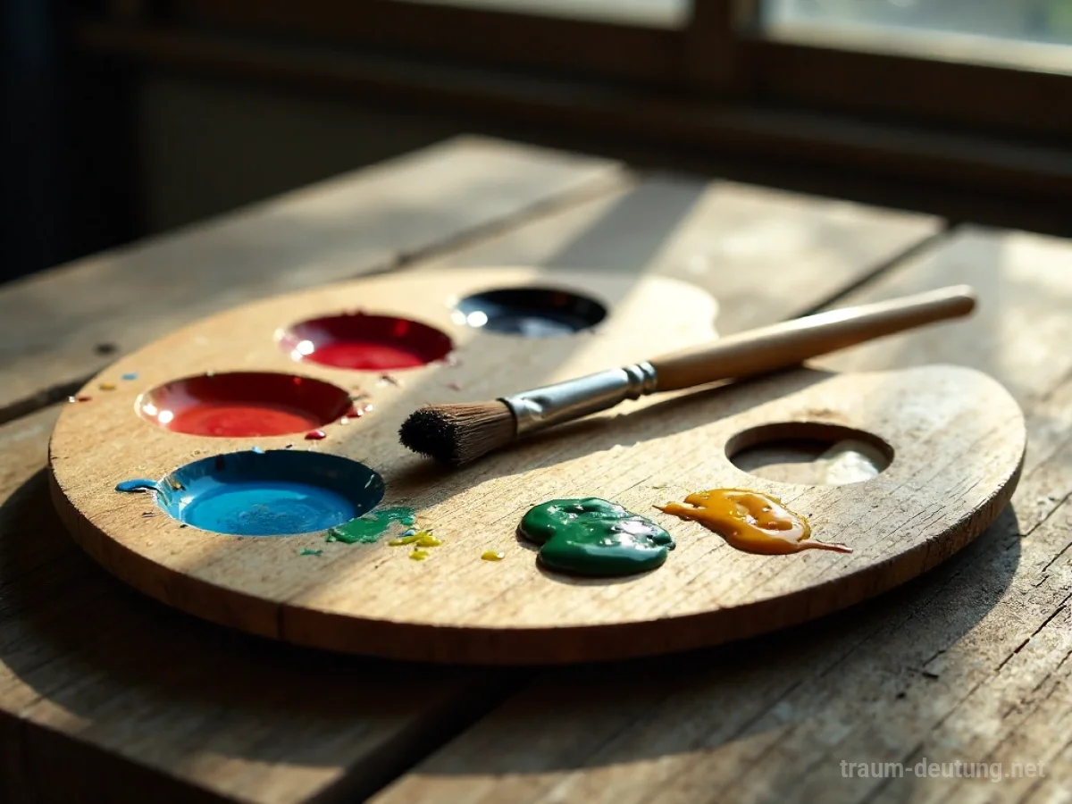 Traumsymbol Palette: Eine hölzerne Künstlerpalette mit lebendigen Farbflecken liegt auf einem Holztisch, daneben ein Pinsel.