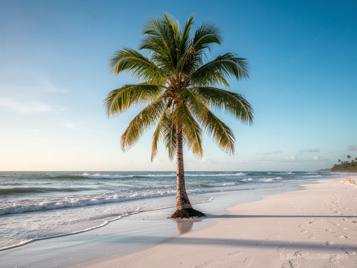 Traumsymbol Palme: Eine majestätische Palme steht allein an einem sonnigen Strand mit sanften Wellen und hellem Sand.