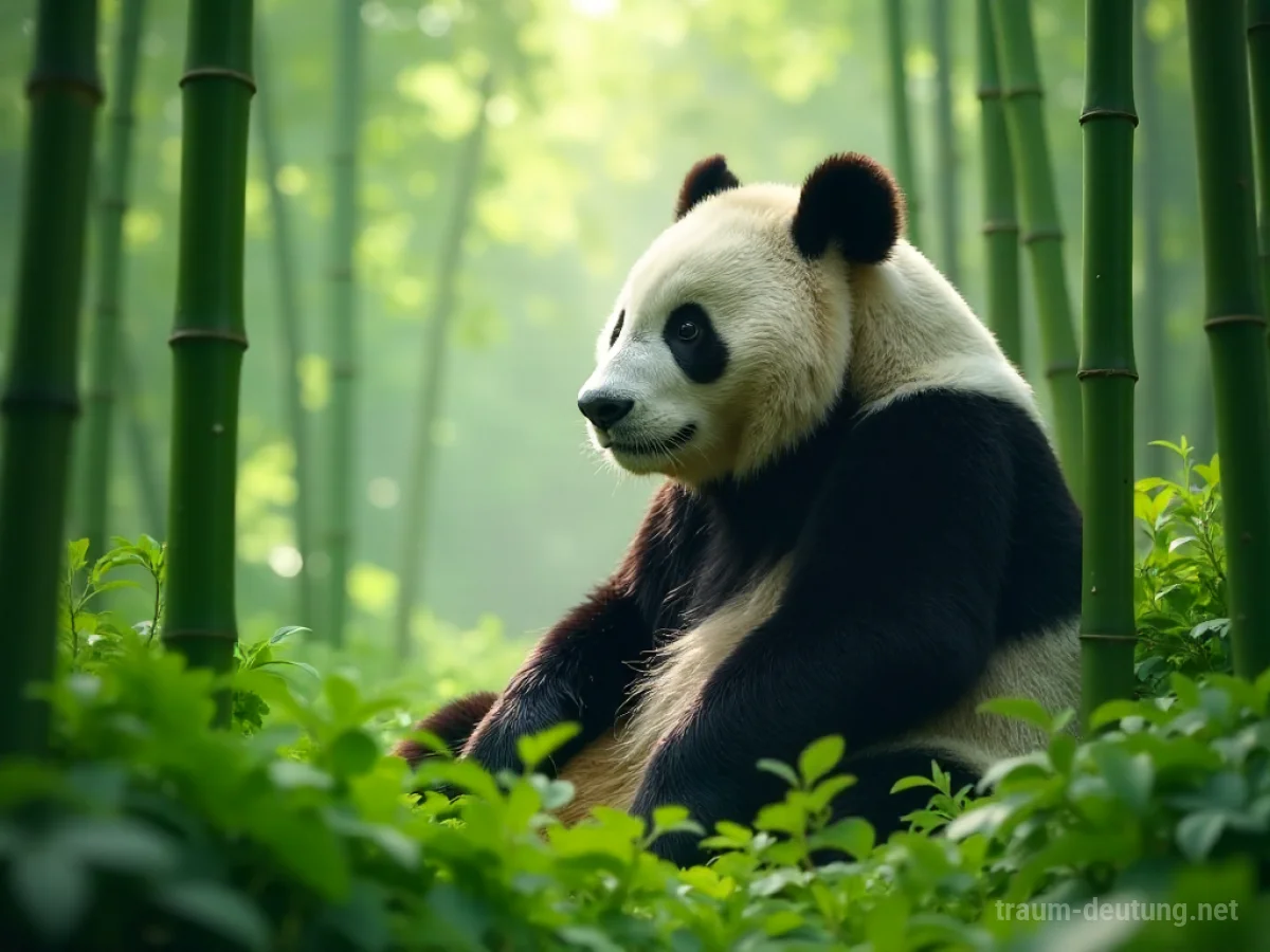 Traumdeutung Panda: Ein majestätischer Riesenpanda sitzt friedlich in einem nebligen Bambuswald, umgeben von üppigem Grün und gefiltertem Sonnenlicht.
