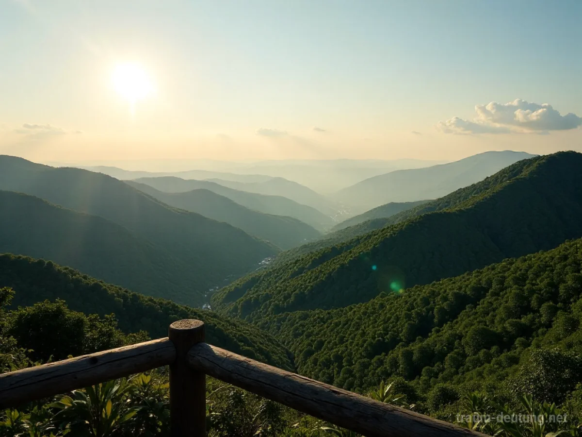 Traumsymbol Panorama: Eine weite, expansive Aussicht von einem hohen Punkt mit sanften Hügeln unter goldenem Sonnenlicht und einem klaren blauen Himmel.