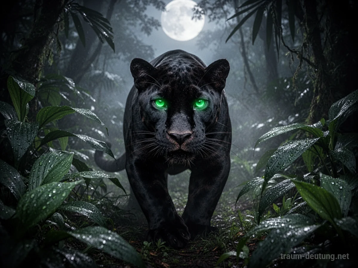 Traumdeutung Panther: Ein schwarzer Panther mit leuchtenden Augen tritt aus dichtem, mondbeschienenem Dschungel hervor, umgeben von feuchtem Laub und Nebel.