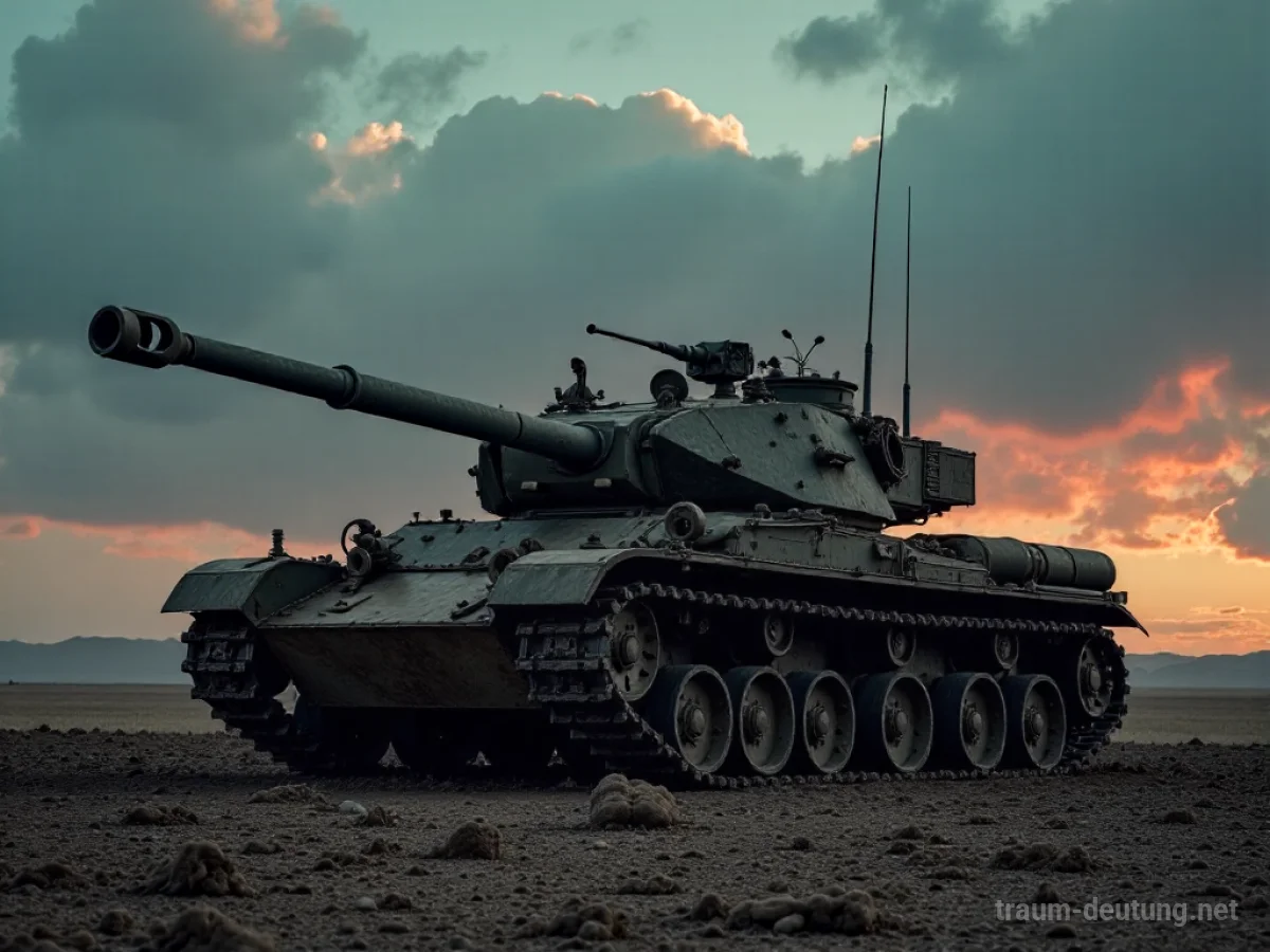 Traumsymbol Panzer: Ein verwitterter, schlammbedeckter Militärpanzer steht verlassen in einer trostlosen, postapokalyptischen Landschaft unter einem dämmrigen Himmel im Mondlicht.
