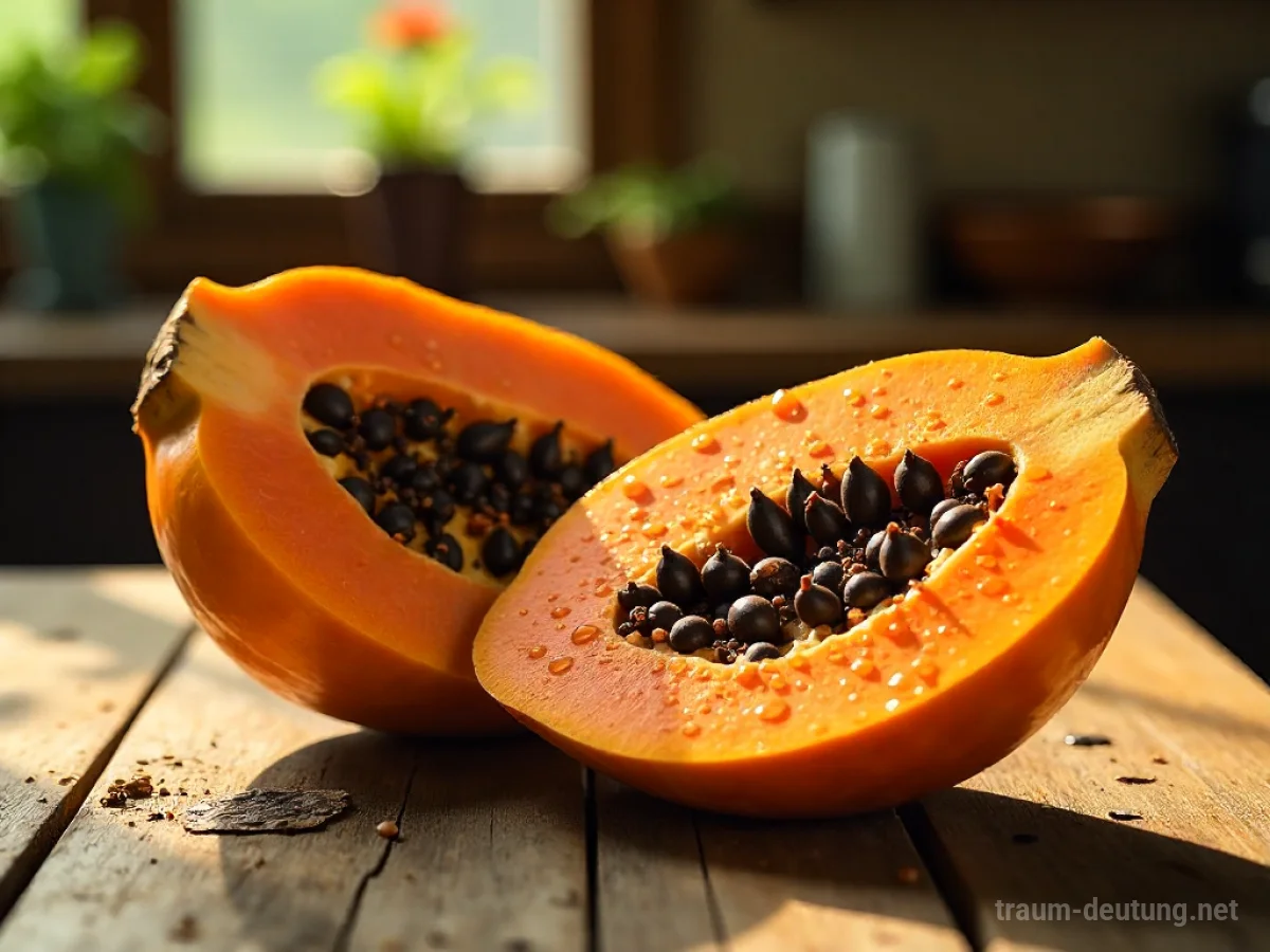 Traumsymbol Papaya: Eine aufgeschnittene, reife Papaya mit leuchtend orangefarbenem Fruchtfleisch und schwarzen Samen liegt auf einem Holztisch im Morgenlicht.