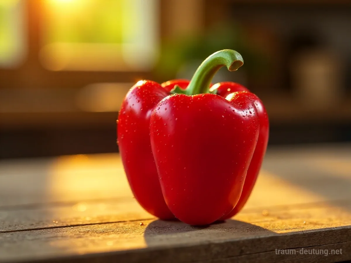 Traumsymbol Paprika: Eine leuchtend rote Paprika liegt auf einem rustikalen Holztisch im warmen Sonnenlicht, mit glänzender Haut und Tautropfen.