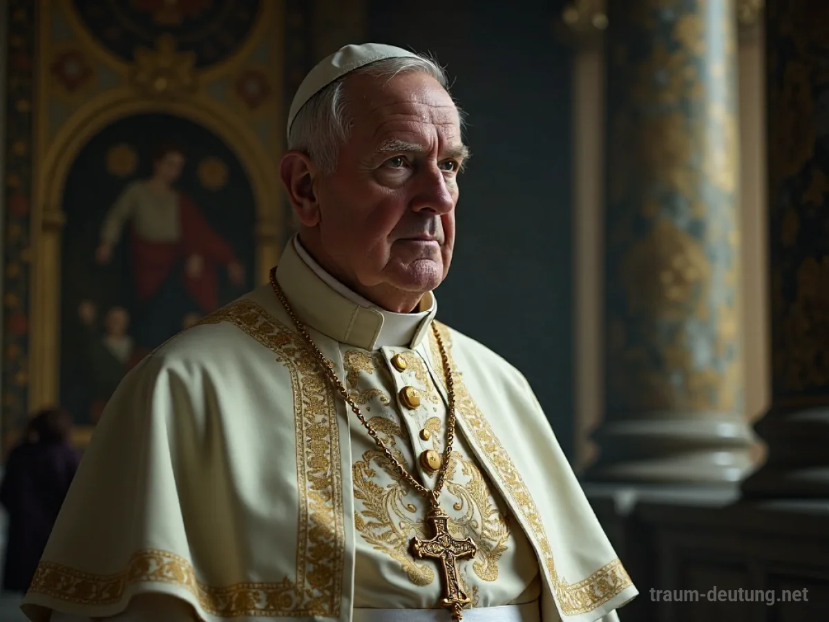 Traumdeutung Papst: Ein weiser, alter Papst in prunkvollen Gewändern steht in einer dunklen Vatikan-Kammer, beleuchtet von sanftem, ätherischem Licht.