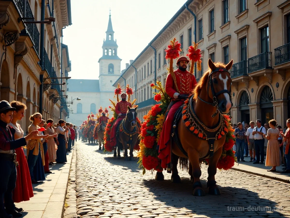 Traumdeutung Parade: Eine farbenprächtige Parade zieht durch einen europäischen Stadtplatz mit bunten Fahnen, geschmückten Festwagen und Menschen in historischen Kostümen bei hellem Sonnenschein.