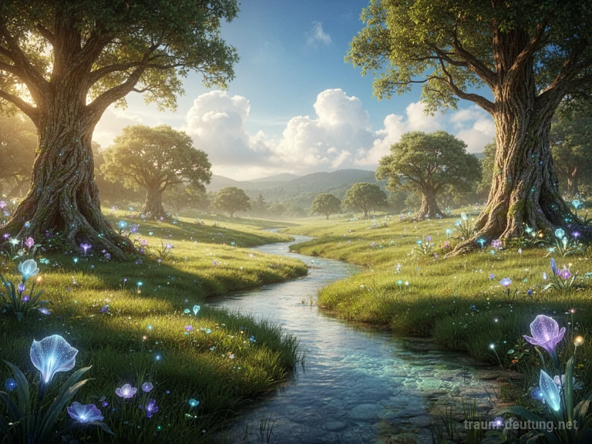 Traumsymbol Paradies: Eine idyllische, leuchtende Landschaft mit üppigen Wiesen, klaren Bächen und alten Bäumen im warmen Licht.