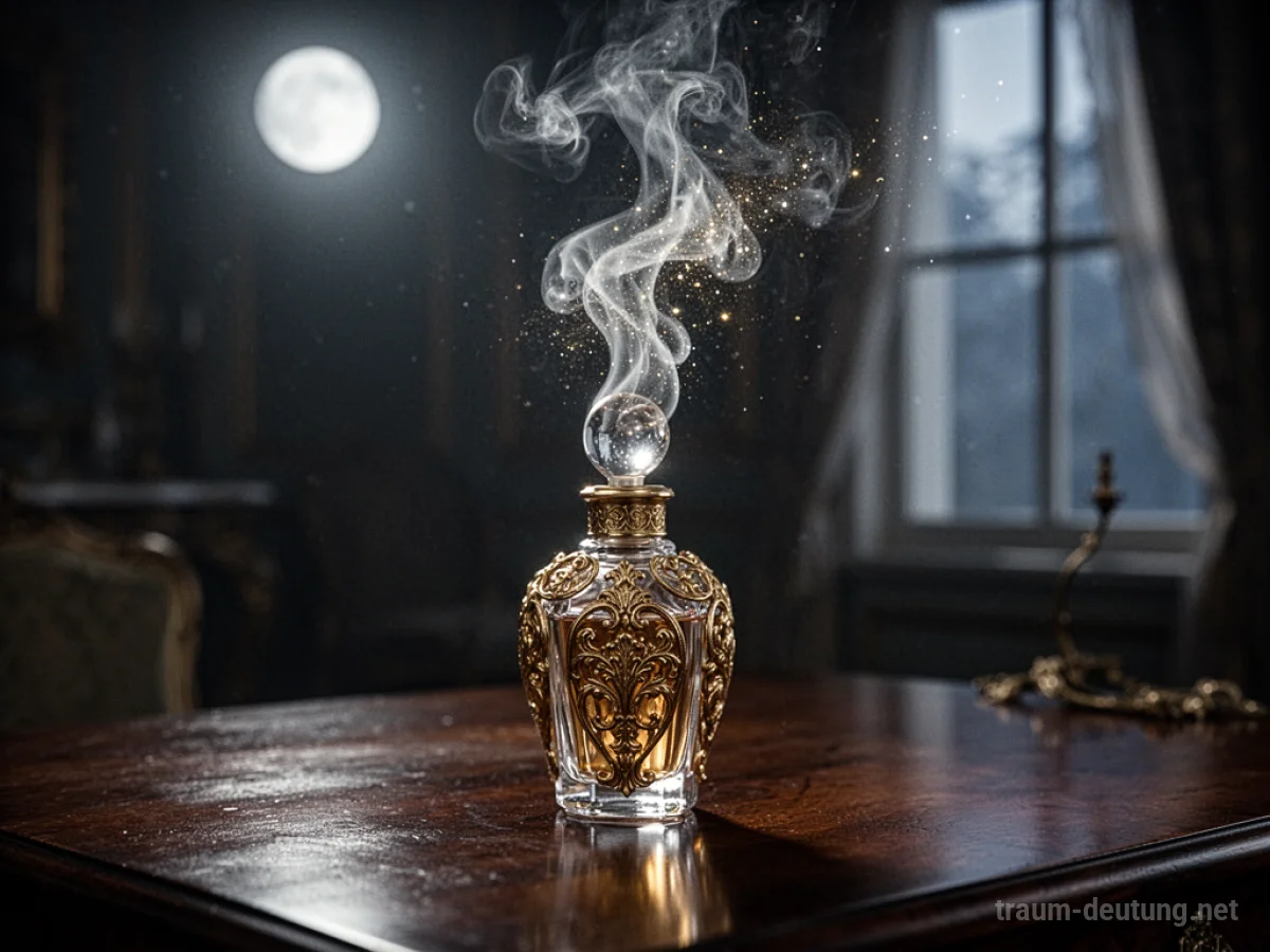Traumsymbol Parfüm: Eine antike, verzierte Glasparfümflasche mit goldenen Verzierungen steht auf dunklem Holz, während ein schimmernder Nebel im Mondlicht aufsteigt.