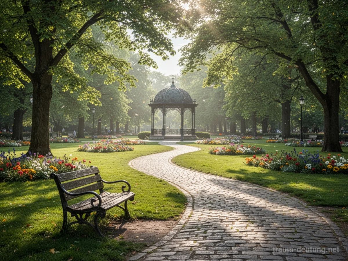Traumsymbol Park: Ein sonniger Park mit grüner Wiese, bunten Blumenbeeten und einem verschlungenen Weg, der zu einem Pavillon führt, unter dem Schatten spendenden Bäumen.