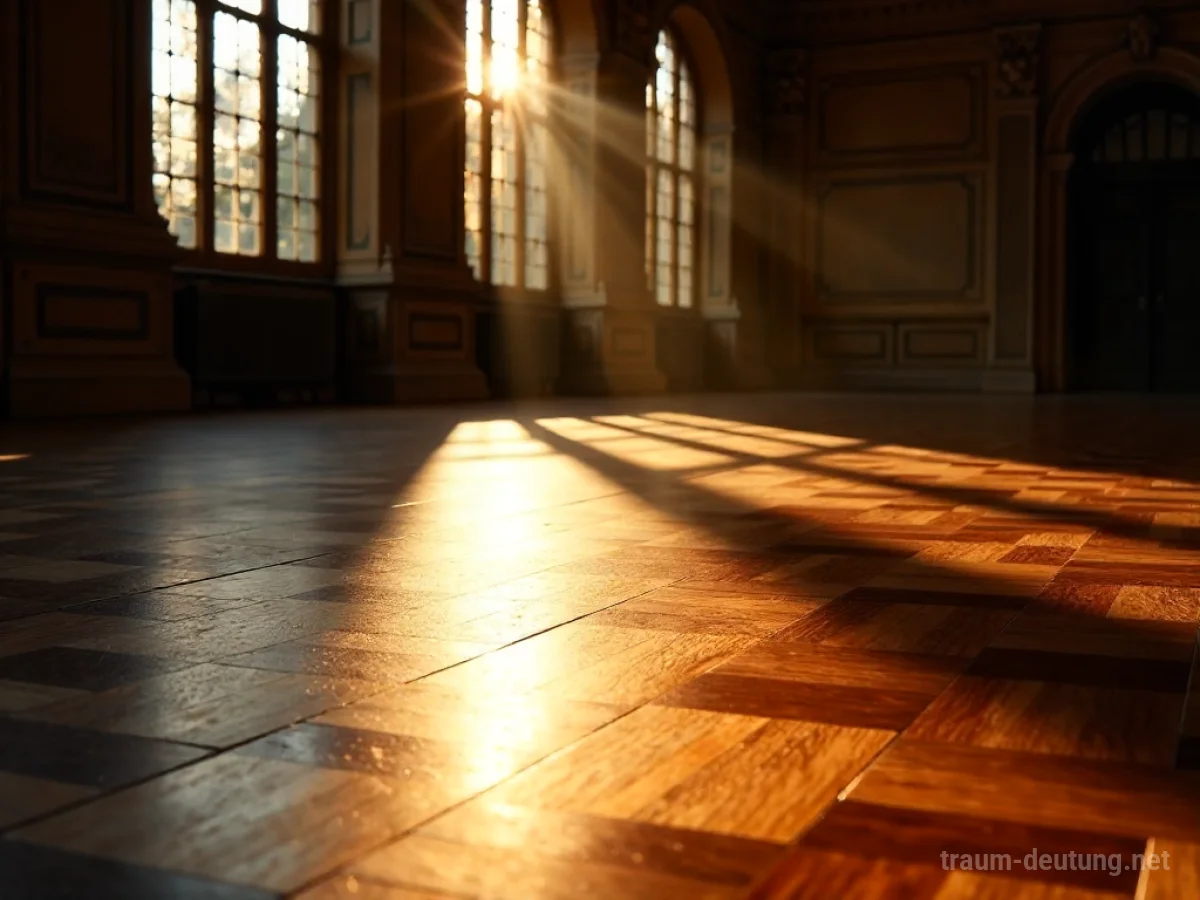 Traumdeutung Parkett: Ein glänzender Parkettboden aus dunklem Eichenholz in einem opulenten Ballsaal, beleuchtet von Sonnenstrahlen, die Muster und Staubpartikel im Licht hervorheben.