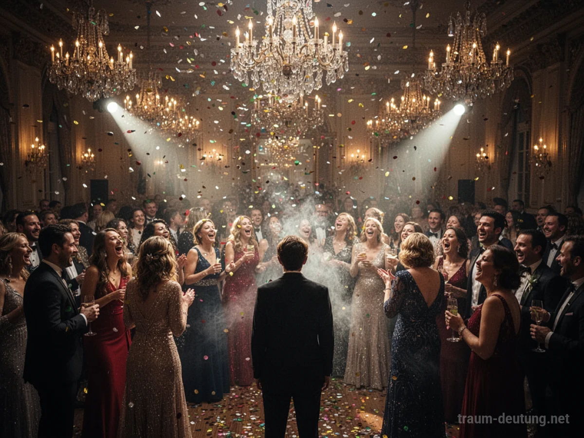Traumdeutung Party: Eine belebte, festliche Menschenmenge feiert in einem eleganten Ballsaal, umgeben von Konfetti und gedämpftem Licht.
