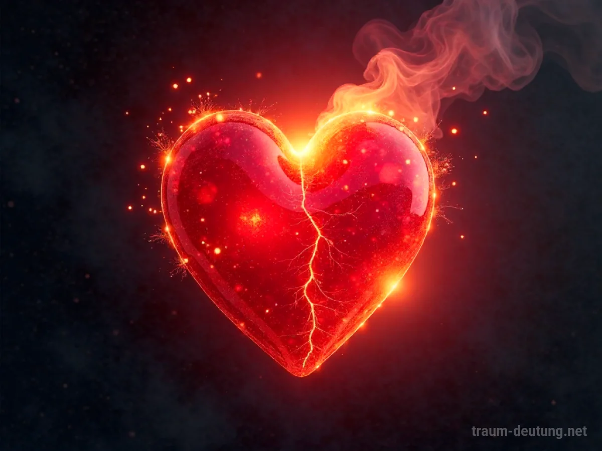 Traumsymbol Passion: Ein leuchtendes Herz strahlt intensive rote und goldene Energie in einer dunklen Leere aus.