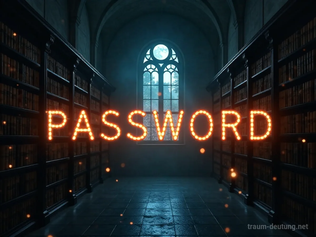 Traumsymbol Passwort: Ein leuchtendes Passwortfeld schwebt über einer mysteriösen Bibliothek im Mondlicht.