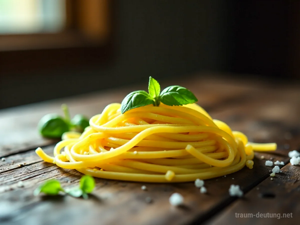 Traumsymbol Pasta: Eine einzelne, perfekt gekochte Spaghetti liegt glänzend auf dunklem Holz, sanft beleuchtet von warmem Fensterlicht.