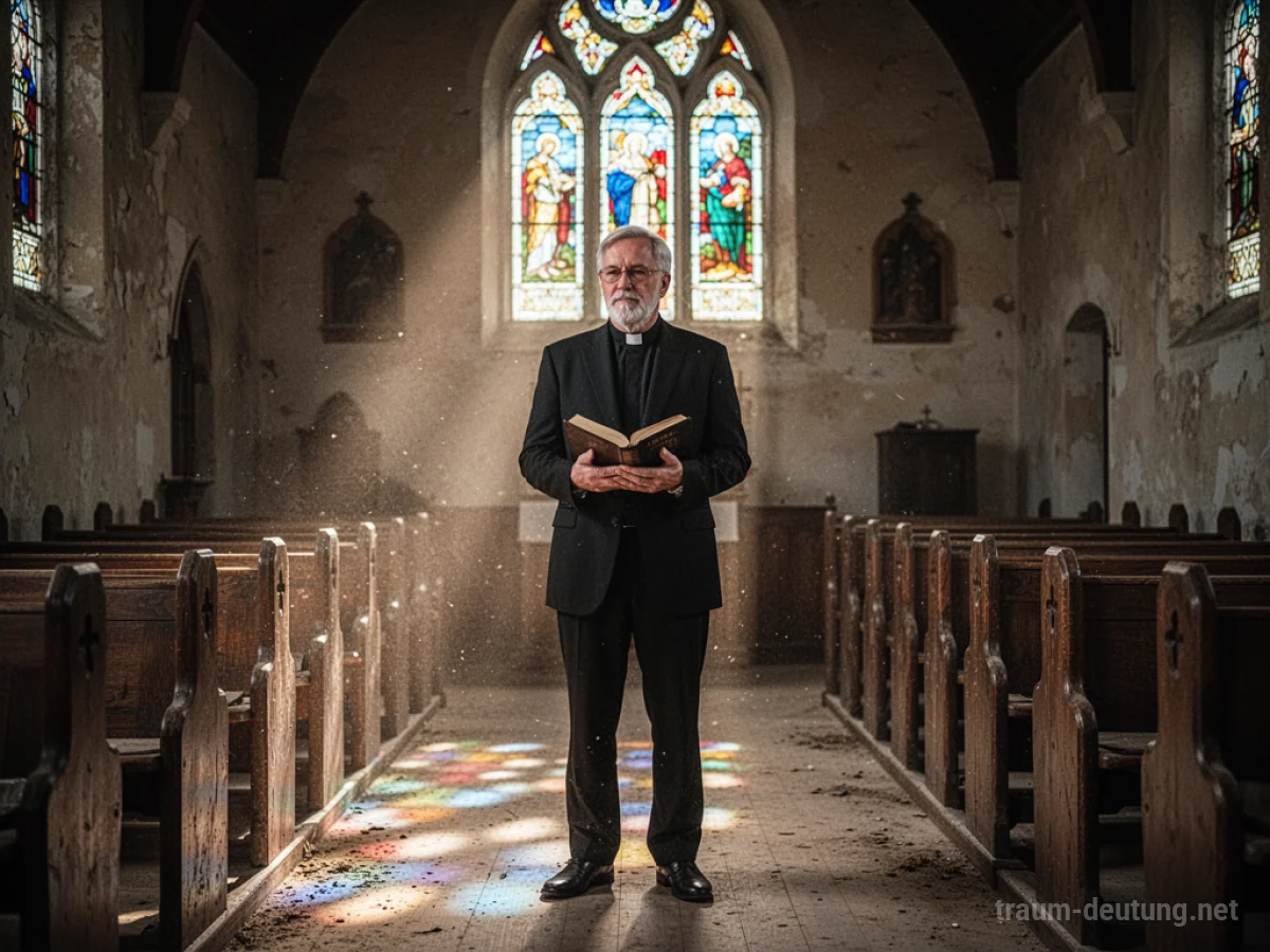 Traumdeutung Pastor: Ein Pastor steht in einer alten Kirche, während Sonnenlicht durch ein Buntglasfenster fällt und den Raum beleuchtet.