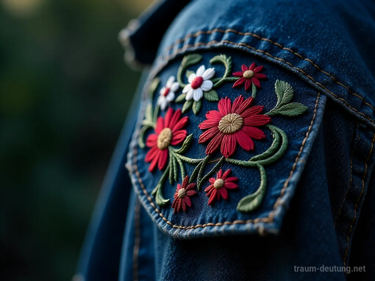 Traumsymbol Patch: Ein detaillierter, bestickter Patch mit floralen Mustern ist auf eine abgenutzte Jeansjacke genäht, beleuchtet von sanftem Mondlicht.